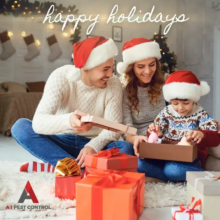 Picture of a family with text that says happy holidays.