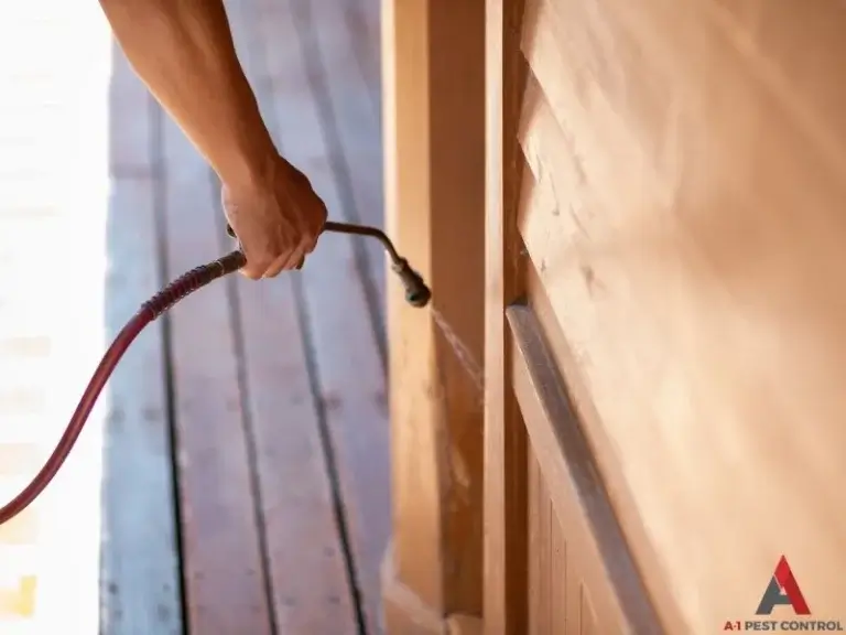 A man's hand is pictured spraying around the exterior of a wooden porch to eliminate pests. The photo is the featured image for the blog post titled "The Dangers of DIY Pest Control."