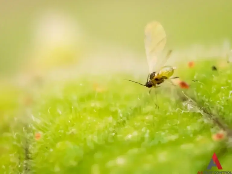 A close up image of a buffalo gnat flying in a green meadow.