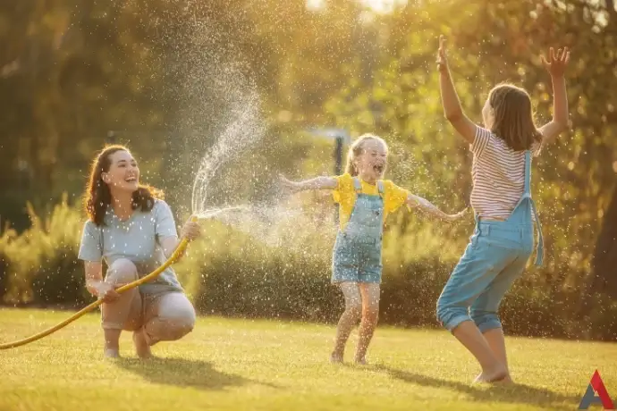 A mom with her two daughters playing outside in the sprinkler. This image is for the service page titled Mosquito Control in Denver, NC.