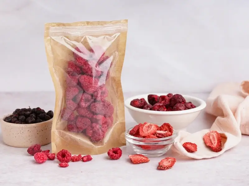 Freeze dried strawberries and raspberries. 