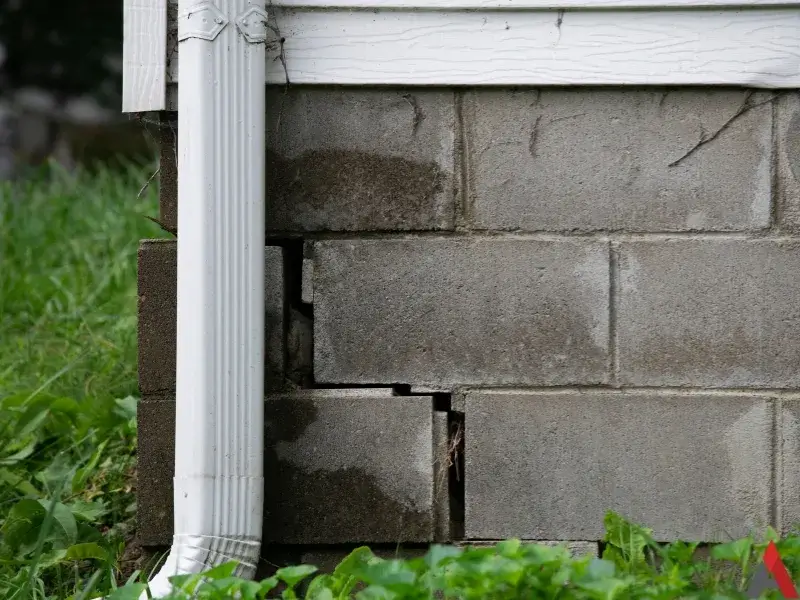 Gutter outside a house with a cracked foundation for the pest identification page, House Mice. 