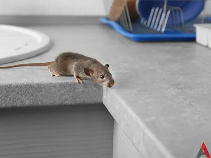 A mouse on a kitchen counter for the pest identification page, House Mice. 