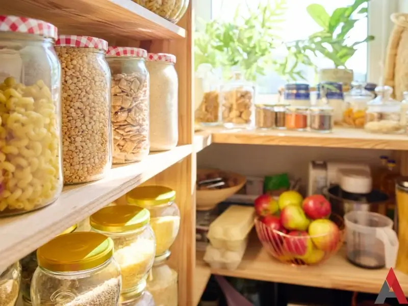 A pantry stocked with jars of flour, oats, apples. For the blog post titled "Pantry Pests"  