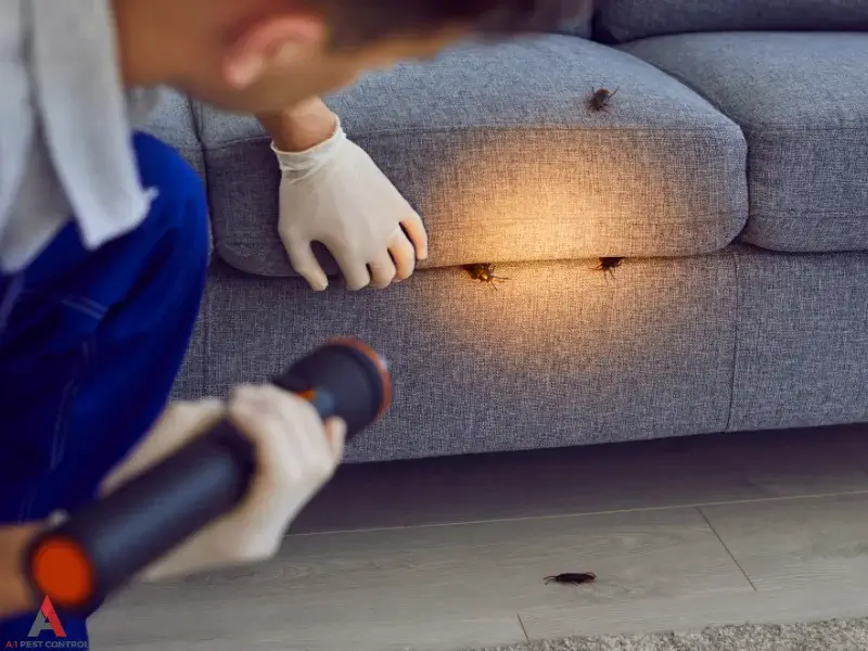 Pest technician inspecting couch for bed bugs in Huntersville NC