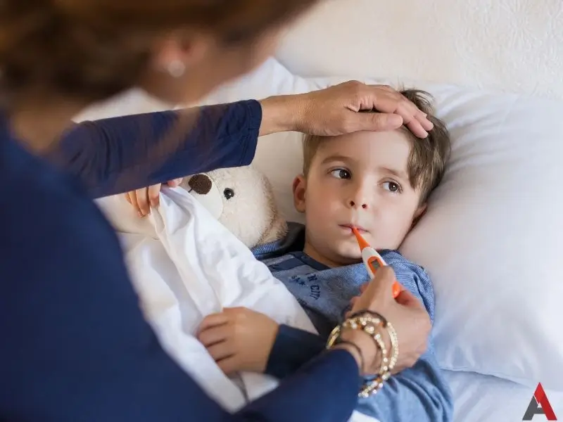 Child in bed with thermometer for yellow fever mosquito identification guide page