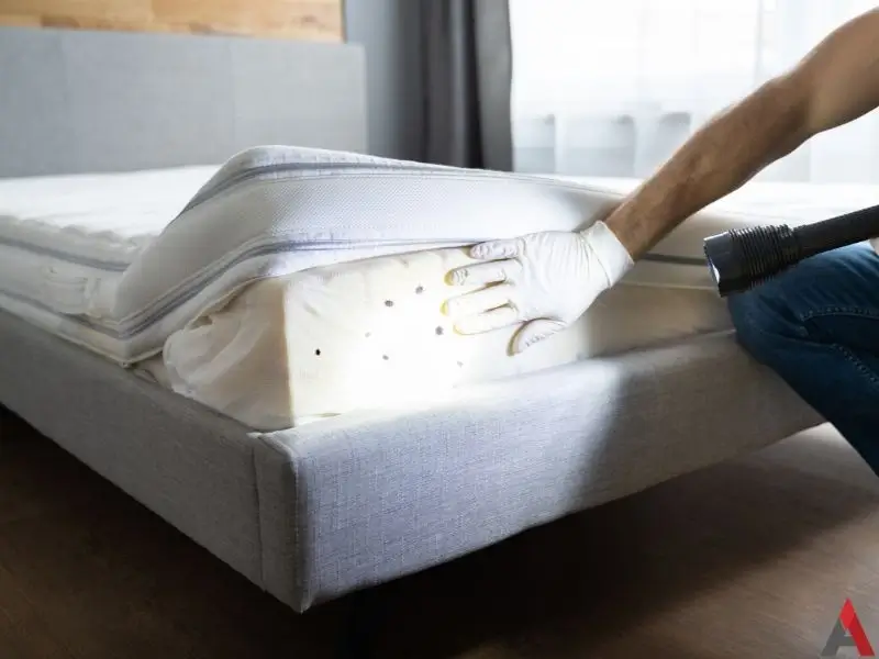 Pest technician uses flashlight to inspect bed for bed bugs in Banner Elk, NC