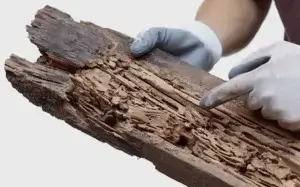 Close up of a person holding damaged wood. Termite Control Asheville can prevent termite damage.