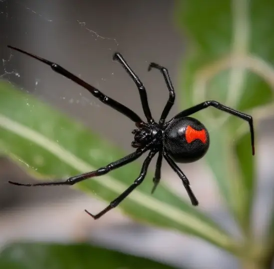 Black widow spiders have a black body and legs with a red hourglass on its abdomen.