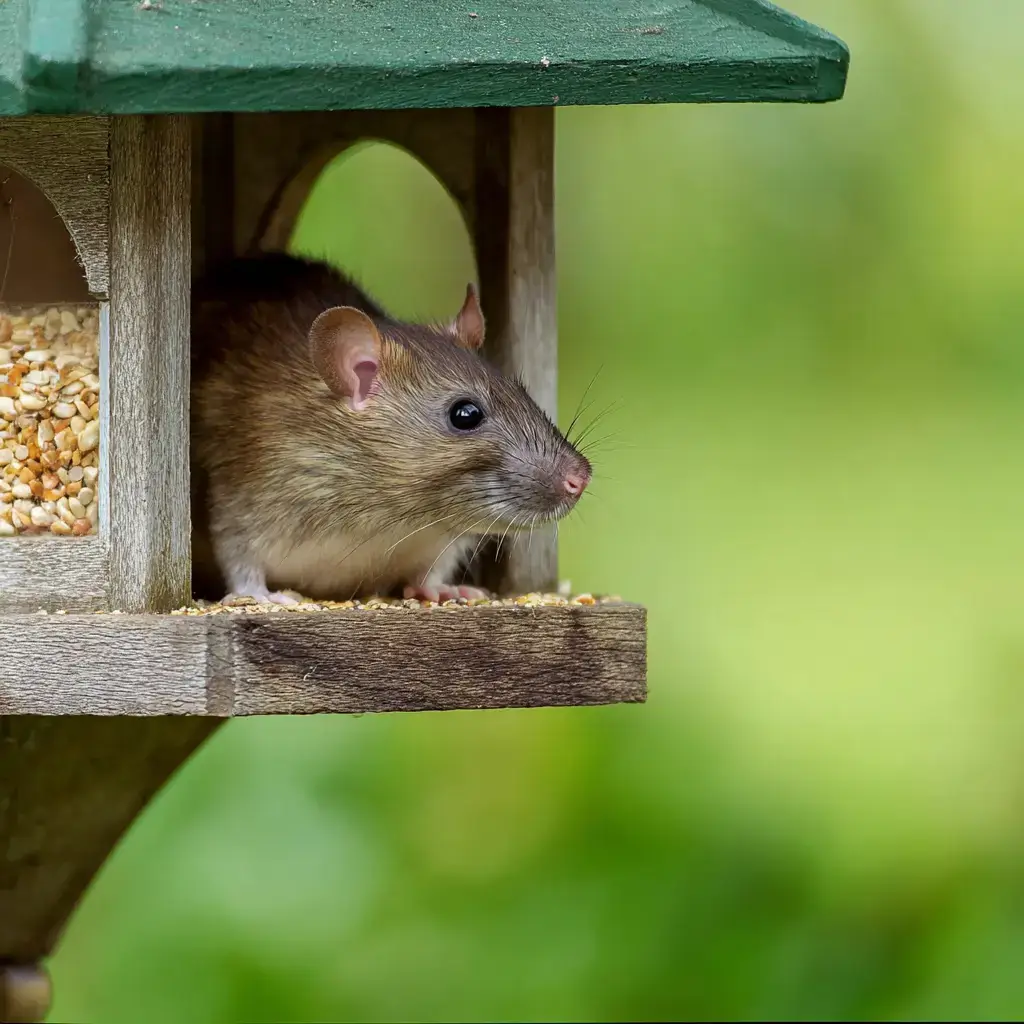 A brown roof rat in a bird feeder eating.