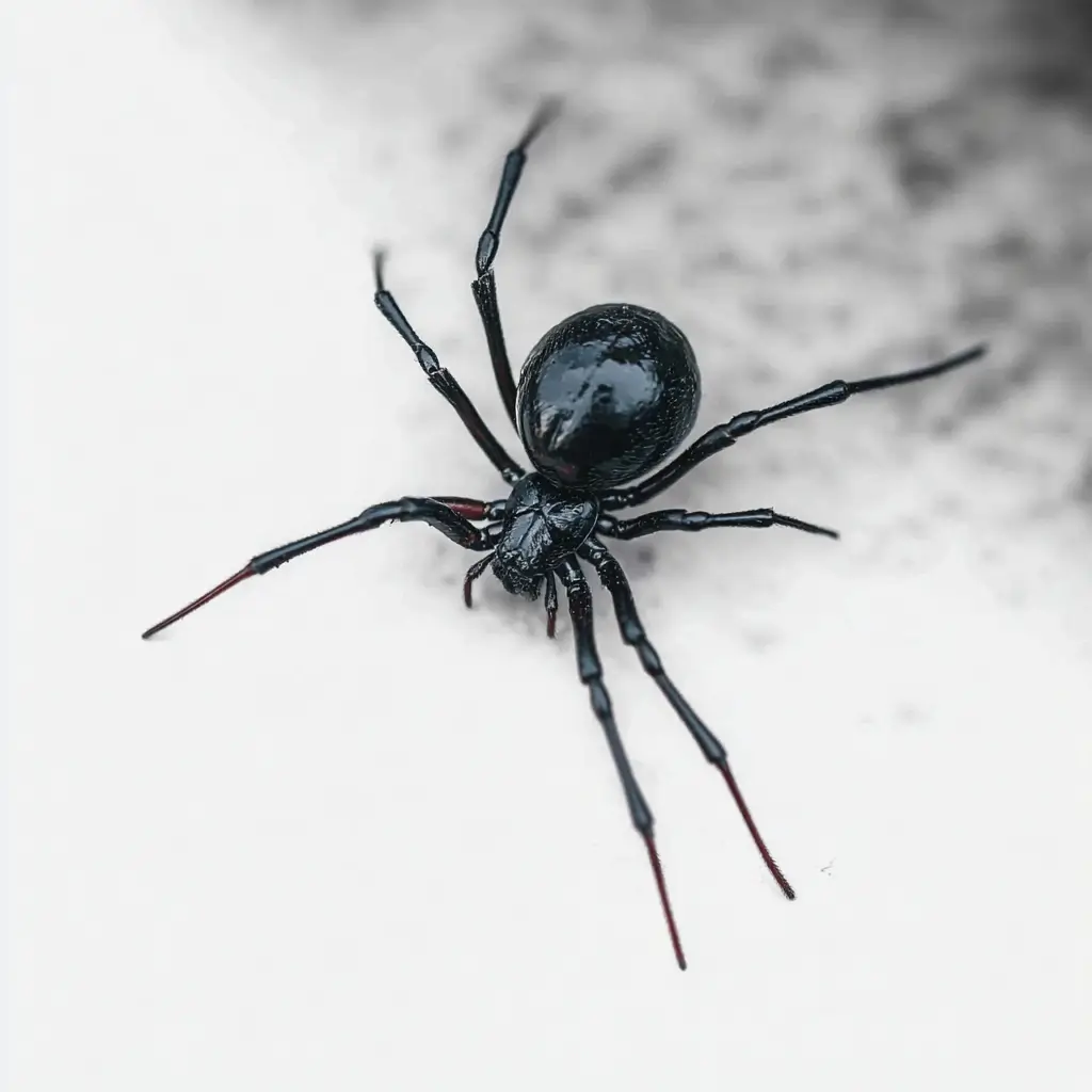 A false black widow spider is shiny and black with no red hourglass