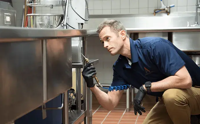 Man checks for pests in a kitchen as part of pest control Hendersonville NC
