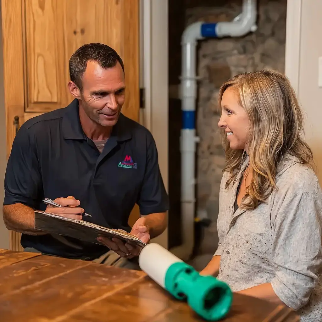 a pest professional explains the results of a termite inspection to a homeowner.