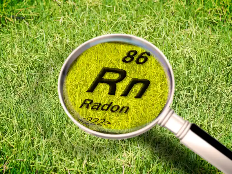 Radon gas concept image with periodic table of the elements under a magnifying glass. Radon Testing in Hendersonville.