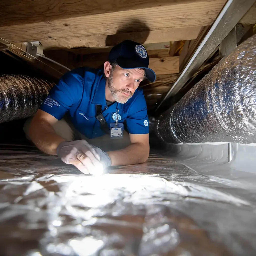 A professional inspects a crawl space with a flashlight.
