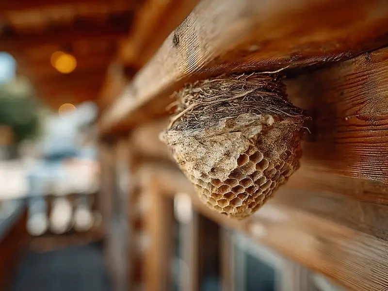 A wasp nest under a railing, highlighting the need for yellow jacket removal, yellow jacket nest removal, wasp control, hornet removal, and wasp nest removal.